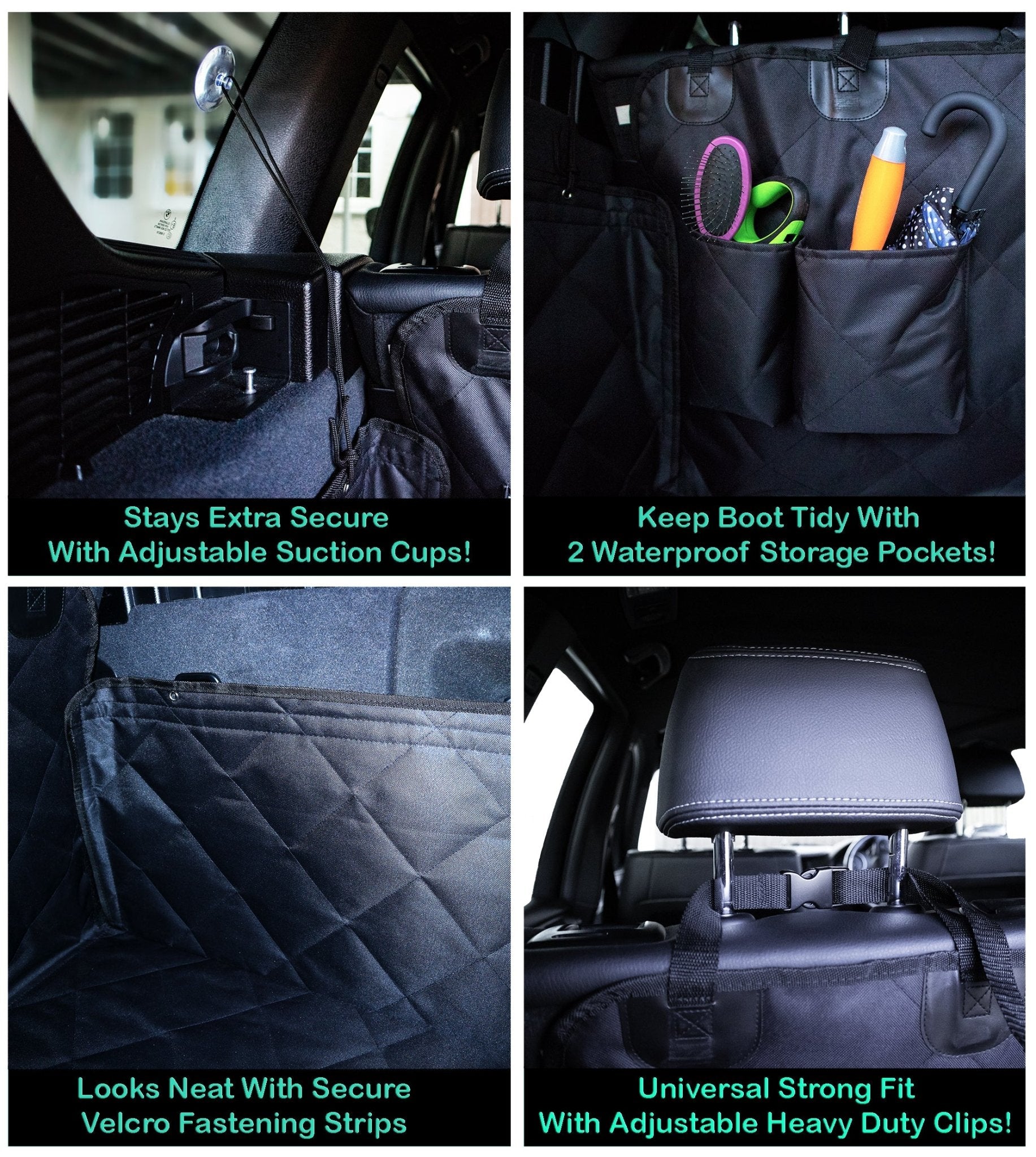 Car organizer with various features highlighted in a collage.
