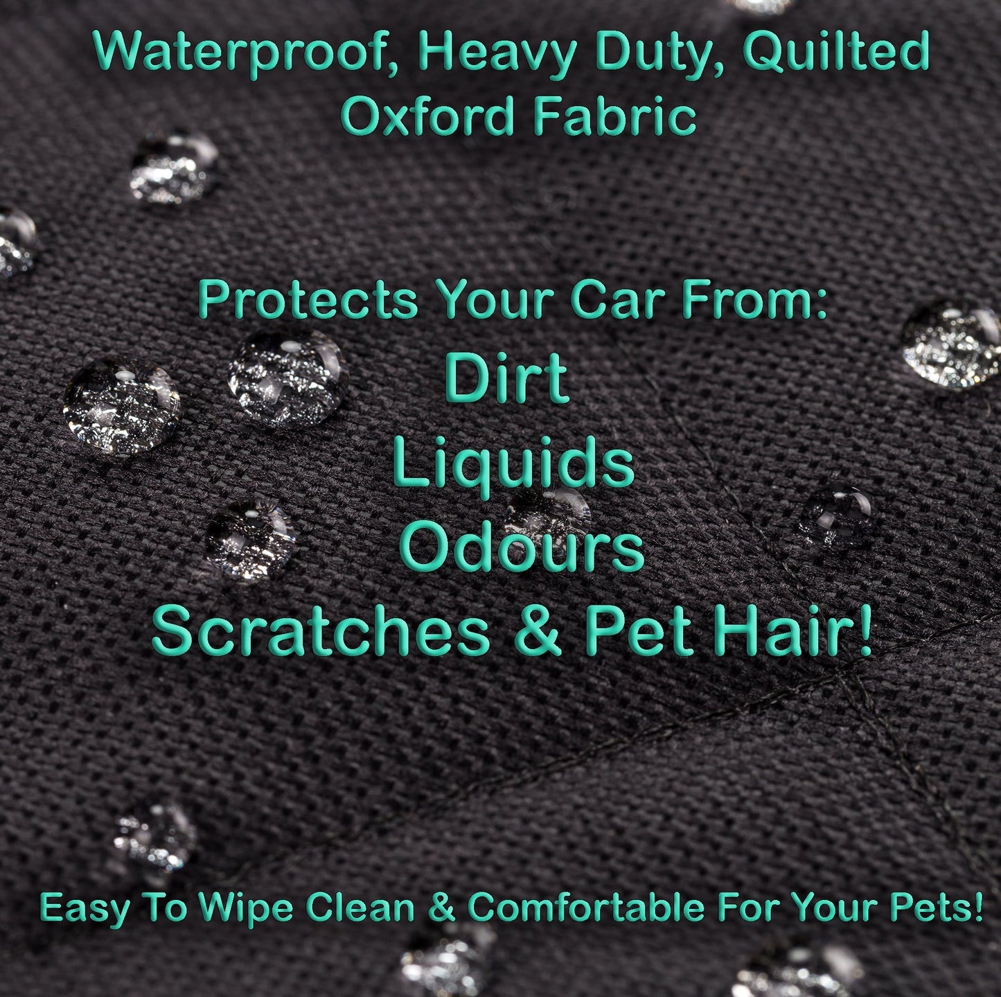 Text on waterproof, heavy-duty quilted Oxford fabric with water droplets demonstrating its properties.