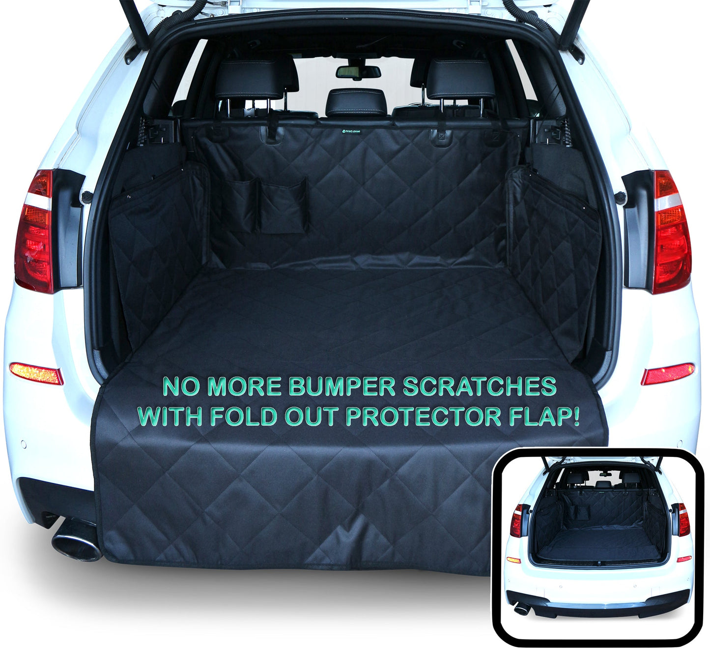 Car trunk with a black quilted cargo liner and text 'No more bumper scratches with fold out protector flap'.